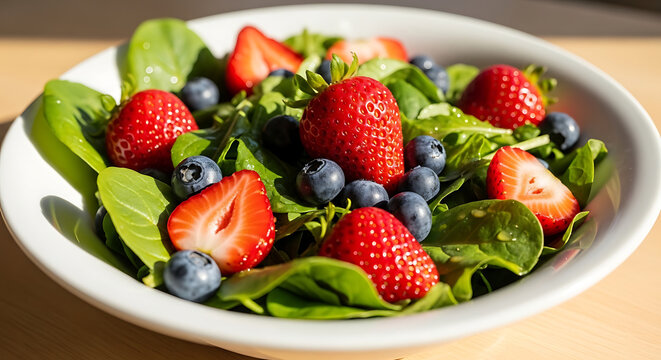 Ceramic bowl filled with fresh green baby spinach leaves vibrant strawberries and plump blueberries arranged on light wooden surface representing healthy and organic food choices.