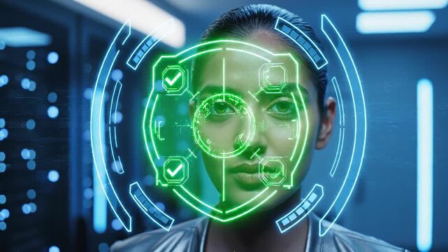 Futuristic biometric facial recognition technology scanning a woman's face in high-tech digital interface