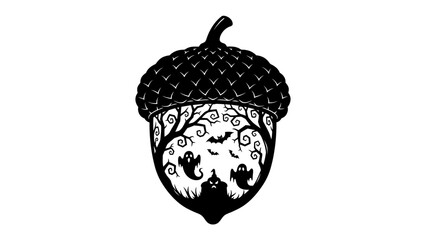 Halloween Acorn Silhouette: An intricate black silhouette of an acorn reveals a whimsical Halloween scene within, featuring playful ghosts, spooky trees, and flying bats. © hasem