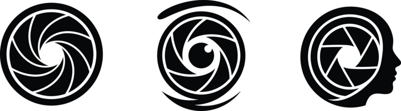 Human profile silhouette with camera lens aperture inside head representing creative vision and photographic perspective for branding.