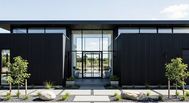 Modern luxury home exterior with black vertical wood siding and glass entrance