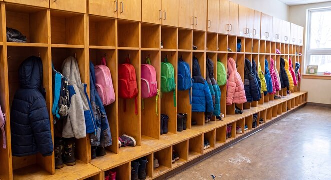 Empty school cloakroom with rows of wooden cubbies