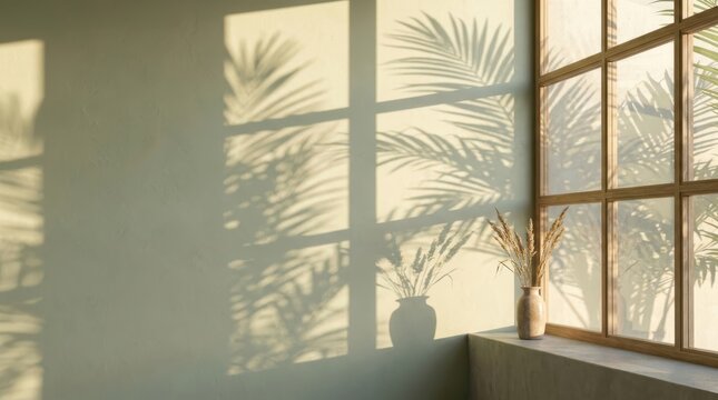 Interior Design Minimalist Windowsill with Dried Wheat and Palm Shadow &ndash; Boho Chic Home Decor Still Life