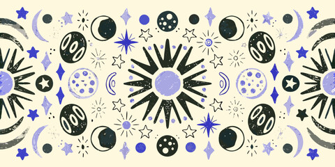 Celestial pattern with planets moons and stars in a retro style © AnupKumar