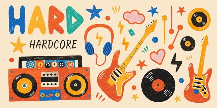 Retro Music Illustration With Boombox Guitars Headphones And Vinyl Records