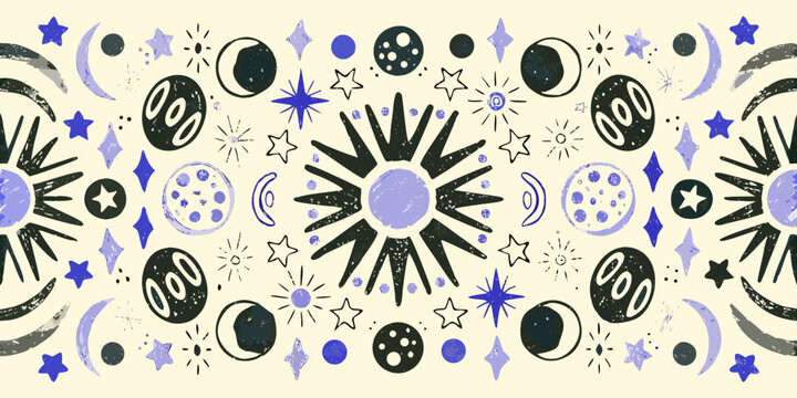 Celestial pattern with planets moons and stars in a retro style