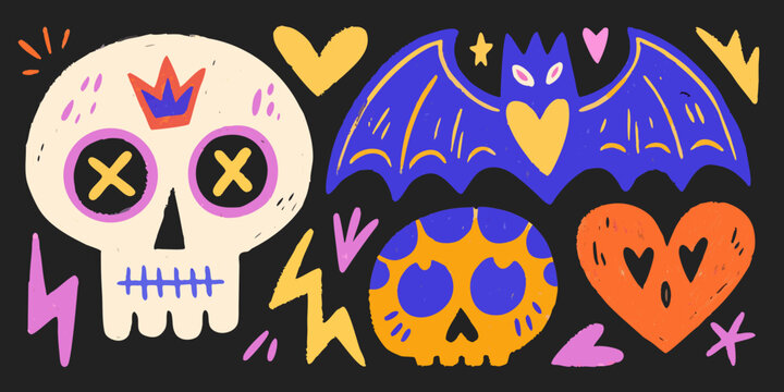 Day Of The Dead Skulls And Bats Colorful Vector Illustration