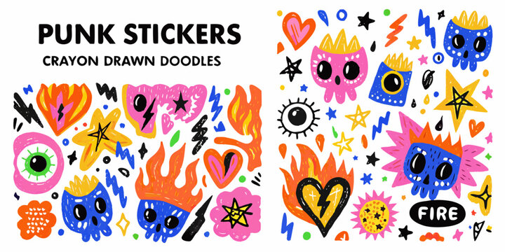 Punk Rock Sticker Set Crayon Drawn Doodles On White Background