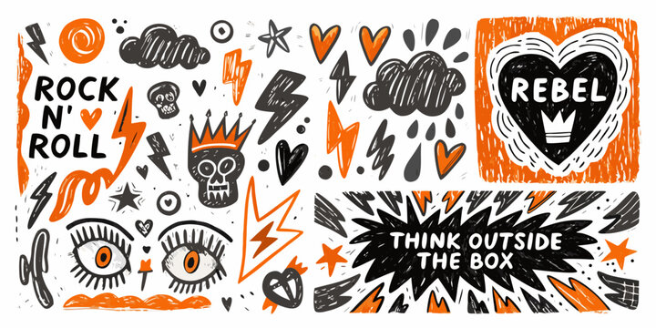 Punk Rock Doodle Pattern With Hearts Eyes And Lightning Bolts