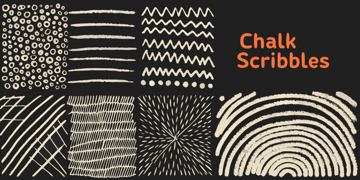 Chalk scribbles collection various linear patterns on black background