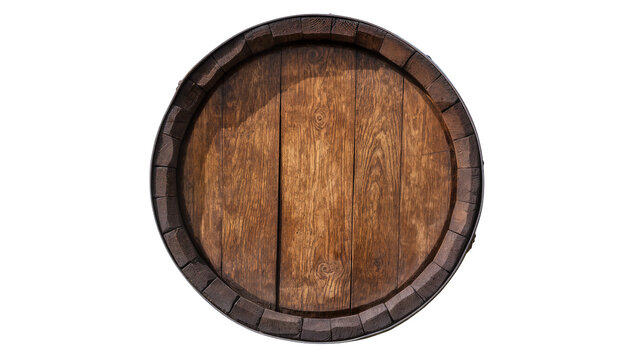 Isolated vintage wooden barrel end with dark metal rim, rustic oak cask for storage