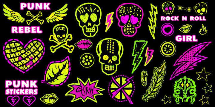 Neon Punk Rock Stickers And Graphics Collection Vector Illustration