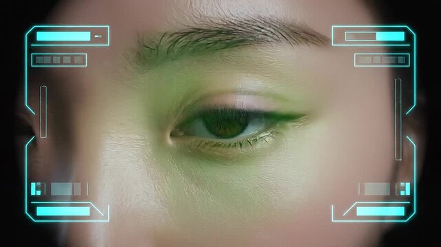 Close up of human eye with futuristic digital technology interface for biometric identification and cyber security