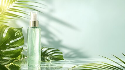 Fototapeta premium Refreshing Facial Mist Spray with Tropical Green Leaves, Natural Skincare Concept