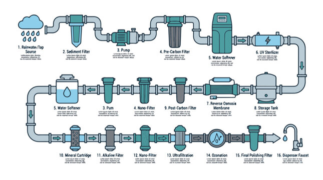 Water Filtration System Infographic Showing Purification Stages for Clean Home Drinking Water