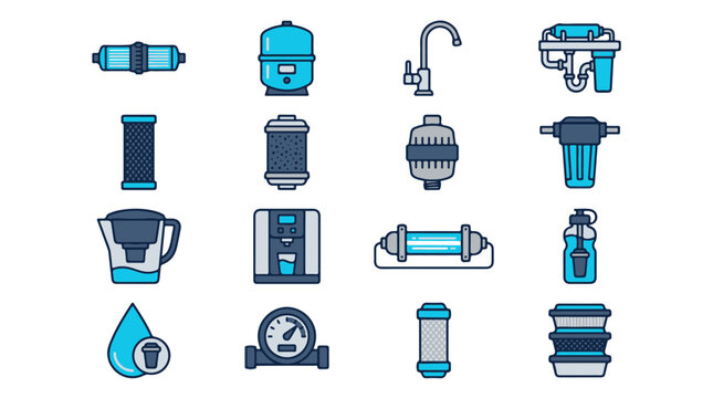 Water Filtration System Icons Set Featuring Various Home Purification Equipment and Devices