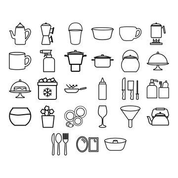 Kitchen utensils and houseware outline vector icons set