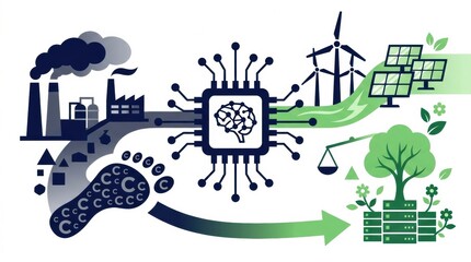 The relationship between artificial intelligence, industry, and environmental sustainability through various symbols and elements. © Anat art