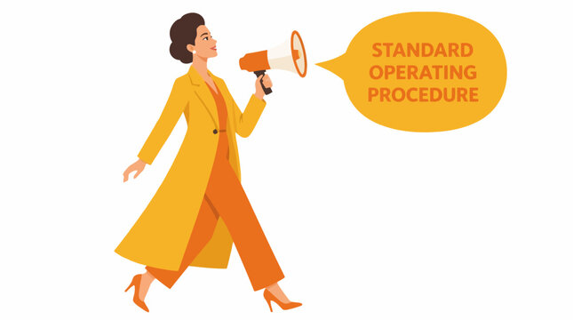 Woman in yellow coat holding megaphone with text bubble.