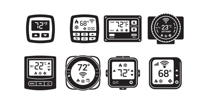 Set of modern programmable smart home thermostats for temperature control and climate management system icons
