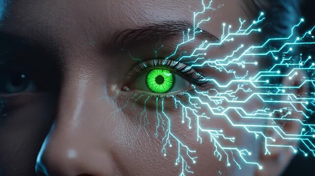 Close up of human eye with green iris and futuristic digital blue circuitry patterns representing technology and cybernetic vision