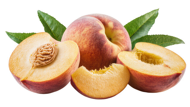 Isolated fresh ripe juicy peaches and peach slices with green leaves close up shot