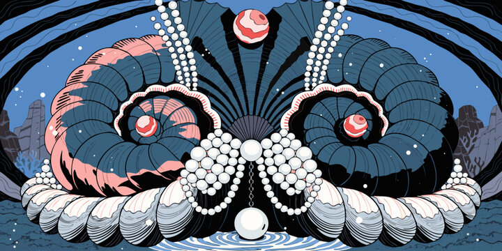 Illustration of a giant nautilus with pearls and a pearl necklace in the ocean marine life sea creature deep sea nautilus shell pearls underwater nautilus water nautilus illustration treasure