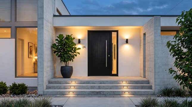 Modern luxury house entrance with black front door, concrete steps, warm lighting and potted plant at dusk
