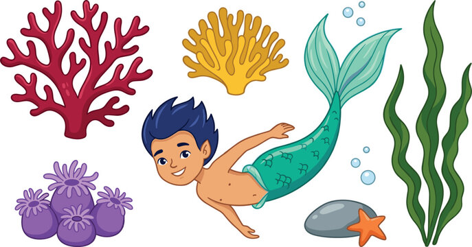 Cute Cartoon Merman Character Vector Set with Undersea Elements Colorful Coral Seaweed Sea Anemone and Starfish for Kids Ocean Concept Designs