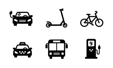 Naklejka premium Modern Transportation Icons: Electric Car, Scooter, Bicycle, Taxi, Bus, Charging Station