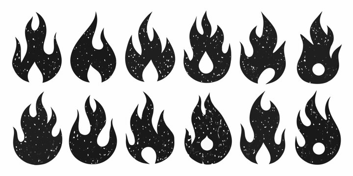 Twelve Black Silhouette Fire Flame Icons On A White Background