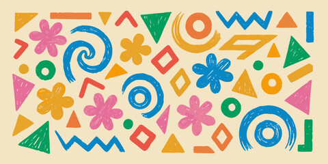 Geometric shapes and floral ornaments in a colorful memphis style pattern © Ajay