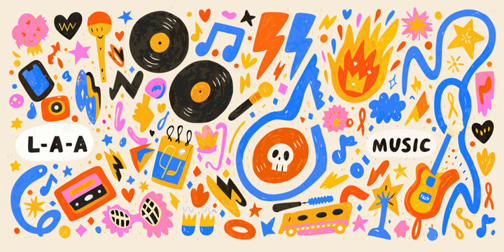 Hand Drawn Music Collage With Vinyl Records And Audio Cassettes