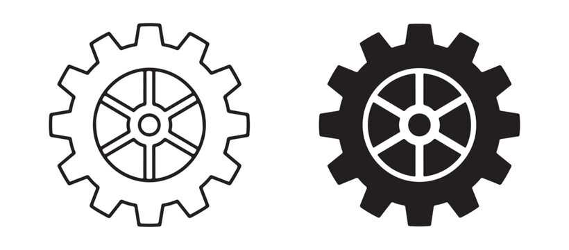 Clean line art and solid silhouette icons of a mechanical gear wheel showcasing its toothed circumference and inner spoke design representing industry and engineering concepts