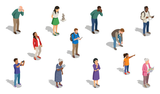 Museum visitors and diverse tourists group viewing art gallery exhibits | Isometric people character vector illustrations set