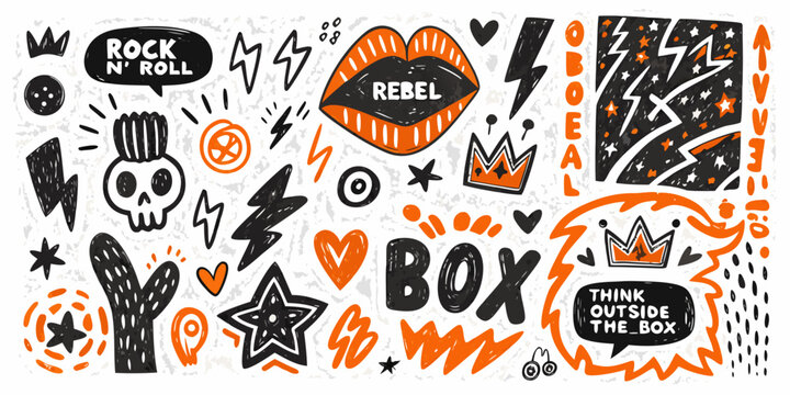 Punk rock doodle pattern with skulls stars and rebellious text elements
