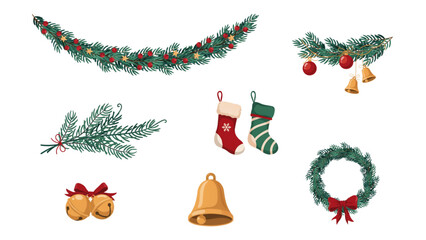Colorful holiday icons set with christmas stockings, wreath, and ornaments Vector © Md