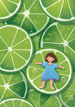 girl laying on the lemon with blue dress gren lemon 