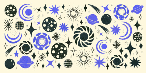 Retro Space Elements Vector Illustration With Planets Stars And Celestial Bodies © Ajay