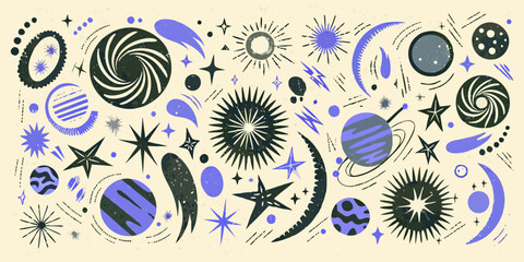 Retro Space Pattern With Planets Stars And Cosmic Elements © Ajay