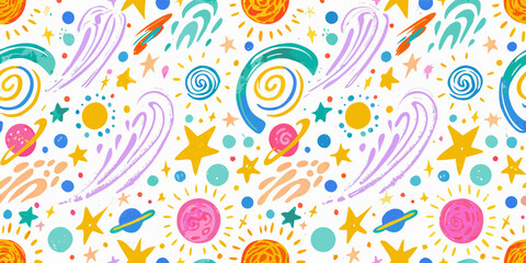 Cosmic doodle pattern with planets stars and swirling galaxies © Ajay