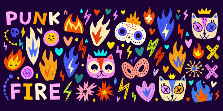 Punk And Fire Doodle Collection Colorful Vector Illustration On Dark Background