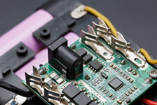 Packed lithium battery with bms available on black background.For wireless tools.