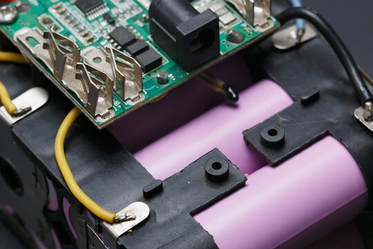 Packed lithium battery with bms available on black background.For wireless tools.