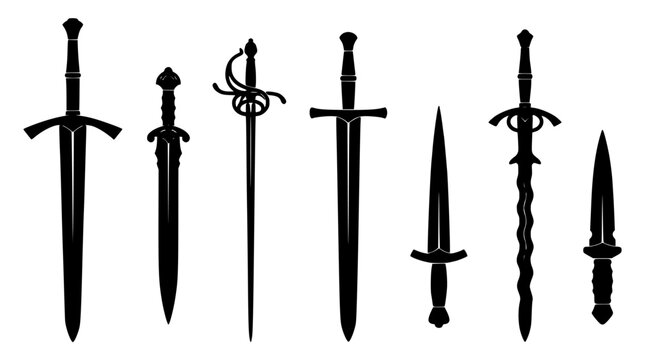 Swords with Various Designs and Styles Depicted in Silhouette Form Featuring Sword, Dagger, Knife with Blade and Weapon Elements for Medieval