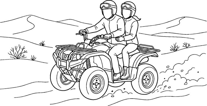 Two people riding an ATV through a desert landscape.