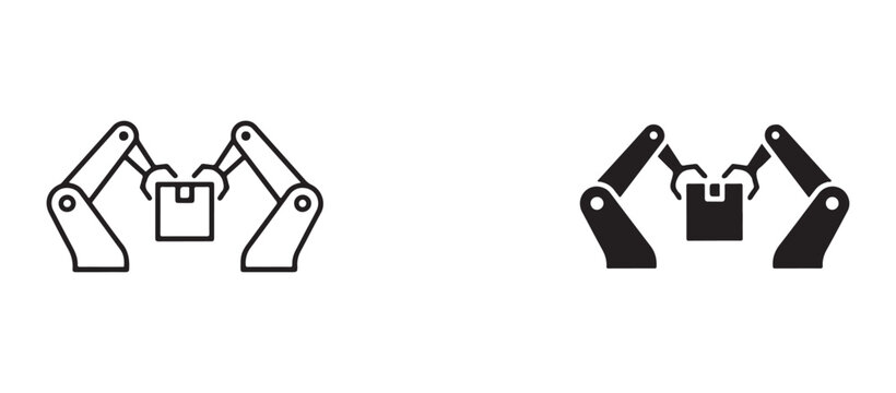 Industrial robotic arms are shown in both outline and solid silhouette versions meticulously grasping a small cardboard box representing automation and manufacturing processes in modern industry