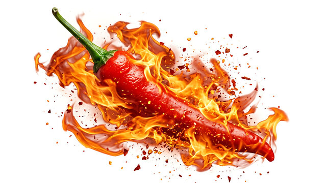 Fiery red chili pepper with flames and spice explosion