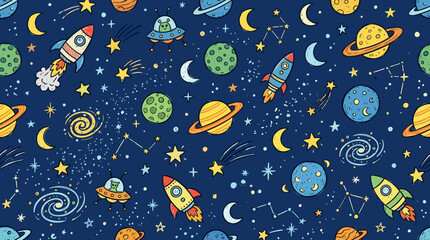 Seamless Space Pattern Rockets Planets UFOs Aliens Stars Hand Drawn Doodle Illustration Nursery Wallpaper © PYARA