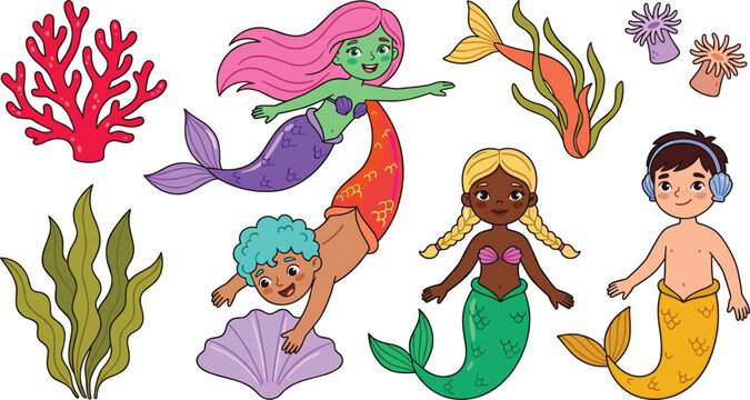 Cute Mermaid and Merman Vector Character Set with Undersea Elements, Colorful Coral, Seaweed, and Shells for Children Book Illustration and Birthday Designs